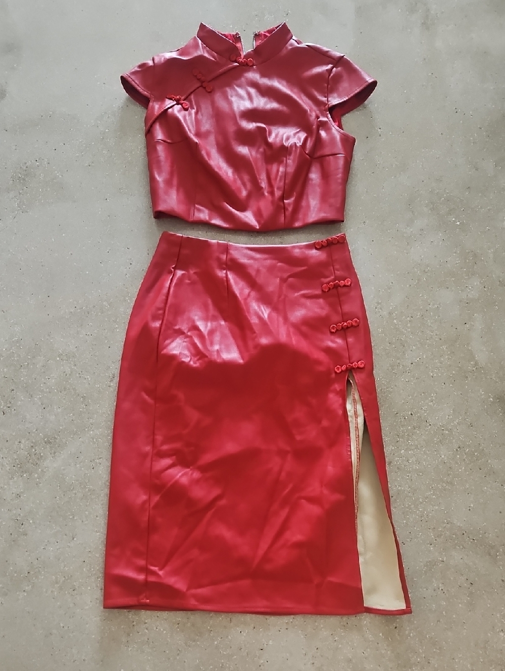Red Faux Leather High-Slit Pencil Skirt - Elegant Women's Skirt